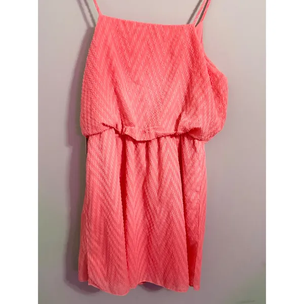 Hot Kiss Coral Chevron Textured Elastic Waist Spaghetti Strap Mini Dress‎ L - Image 6