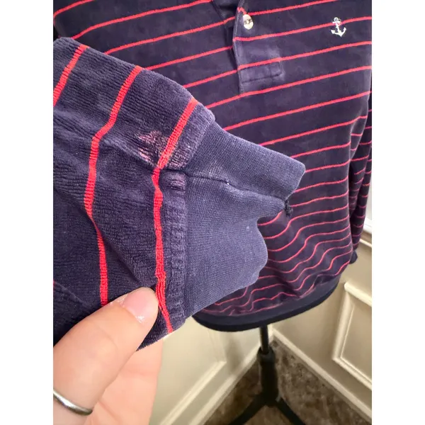 Vintage 80s Hartog Marine Club Velour Long Sleeve Polo Shirt Navy & Red Striped - Image 2