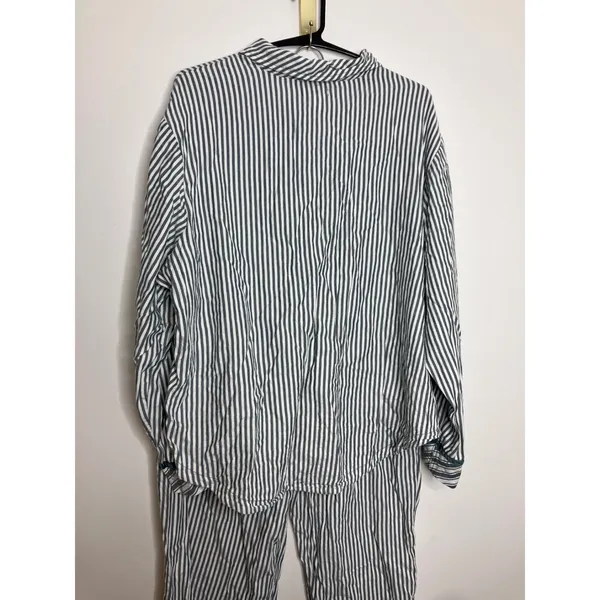PINK Pajama Set Womens XL Green White Striped Excellent Velvet Trim Cotton Blend - Image 8