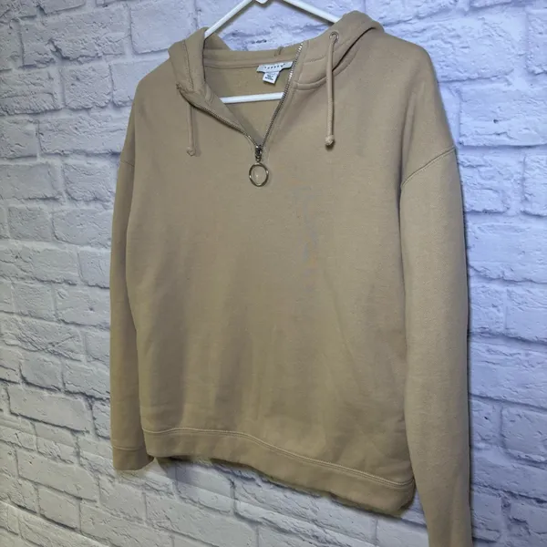 TOPSHOP Hoodie Quarter Zip Hooded Sweatshirt Tan Size 0-2 - Image 6
