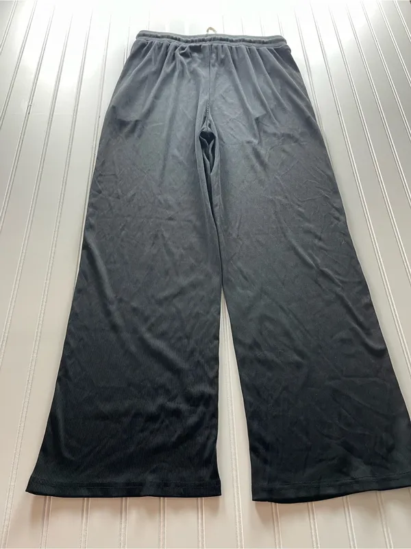 Boutique Black Ribbed Wide Leg Lounge Pants‎ Elastic Drawstring Athleisure Large - Image 6