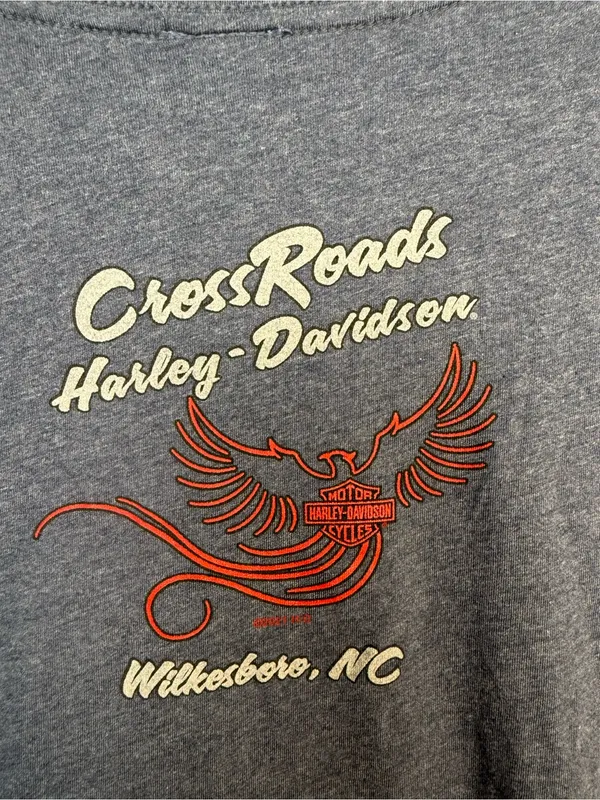 Harley-Davidson Blue V-Neck Tee with Red and White Skull Graphic - Image 5