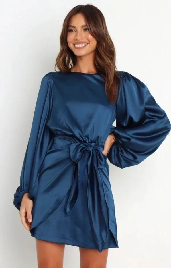 Petal & Pup Opal Navy Blue Satin Long Balloon Sleeve Wrap Mini Dress 4 - Image 3