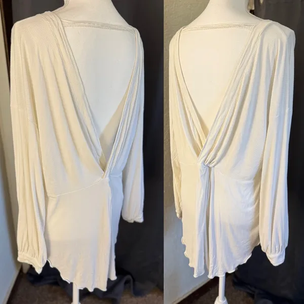 Free People Ivory Twist Back Ribbed Long Sleeve Top XS Oversized Boho‎ - Image 5