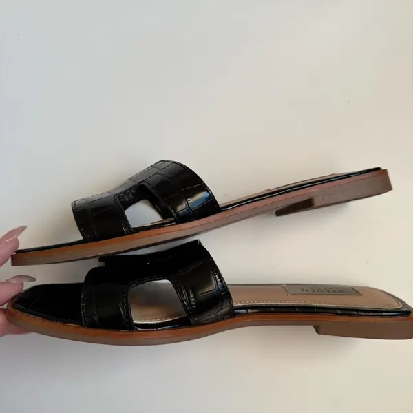 Steve Madden Haydn Hanna Leather Flat Slide Sandals Black Croc Slip On Size 7.5 - Image 4