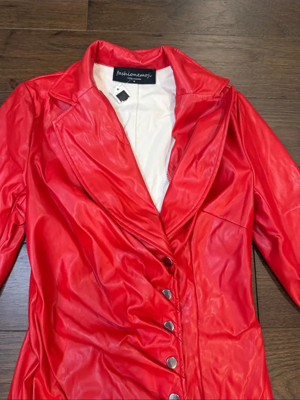 Fashion Emoji Red Button-Front Faux Leather Dress/Coat Medium - C27-107 - Image 3