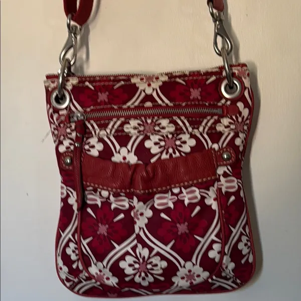 Fossil‎ Red Floral Canvas Leather Trim Crossbody Bag Small Messenger Purse - Image 4