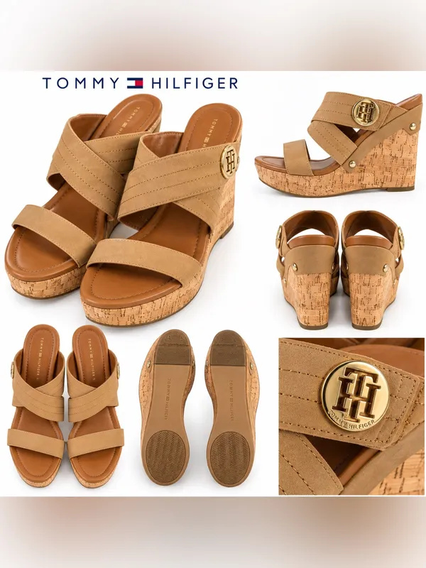Tommy Hilfiger Tan Cork Wedge Sandals Gold Logo Size 10M - Image 4