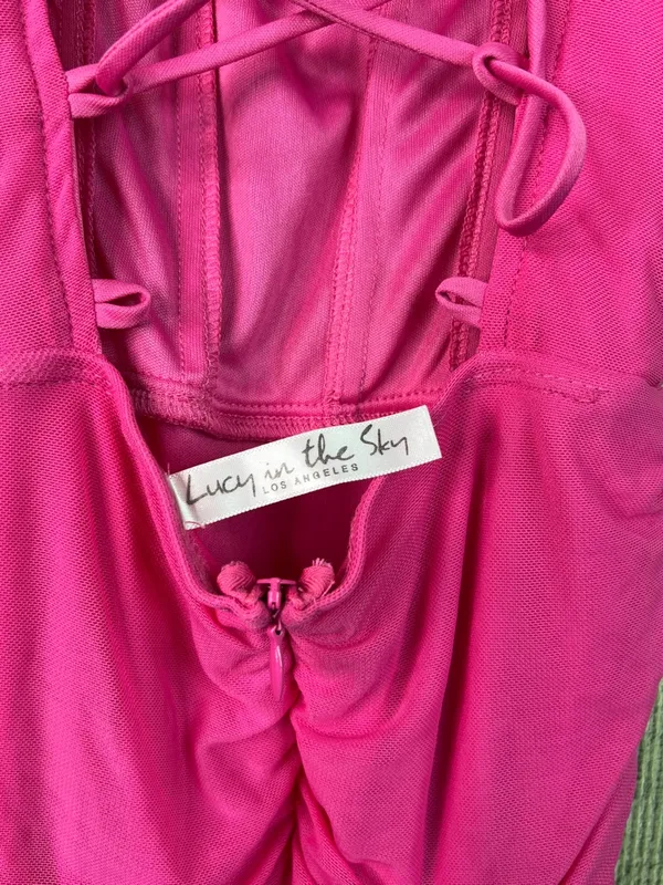 Lucy In The Sky Sm Pink Ruched Mini Dress Lace Back Adjustable Spaghetti Straps - Image 5
