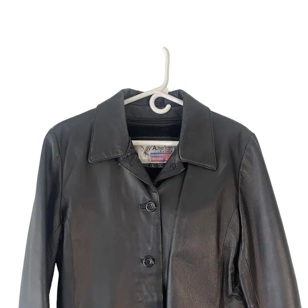 American Leather USA Vintage 90s Women's Size Large Black Button Up‎ Jacket Coat - Image 2