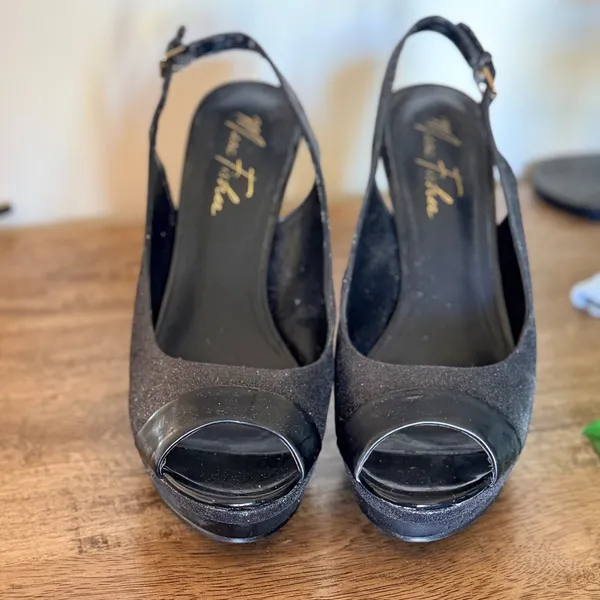 Marc Fisher Slingback Heels Women 8M Black‎ Glitter Peep Toe Platform Pump 5179 - Image 2
