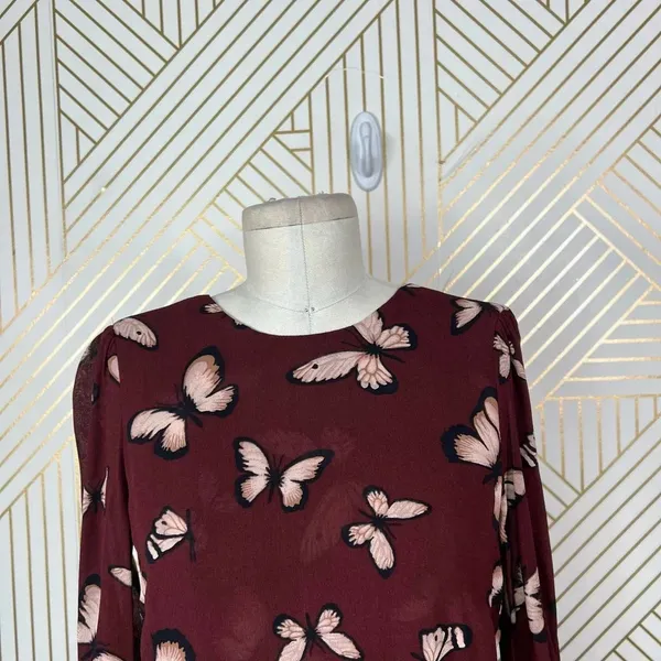 Reformation Butterfly Print Long Sleeve Mini Dress Maroon Red Size‎ 2 - Image 2