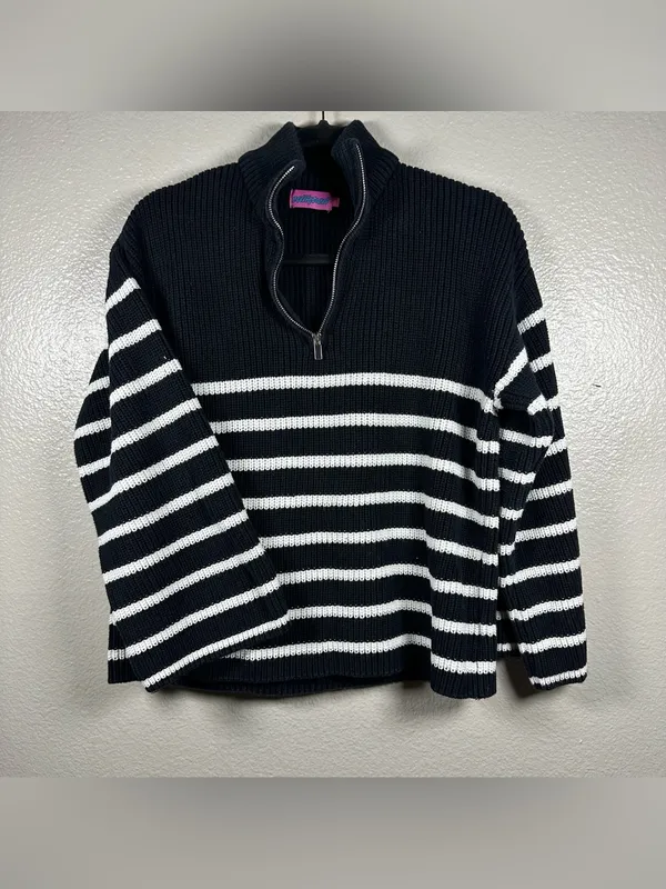 Edikted  Oversized Striped Navy and White Half-Zip Sweater SZ:XS - Image 5