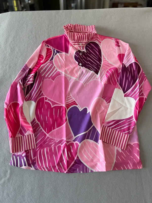 Women's Long Sleeve Pink Heart Theme High Ruffle Neck Blouse Size L #260864 - Image 4