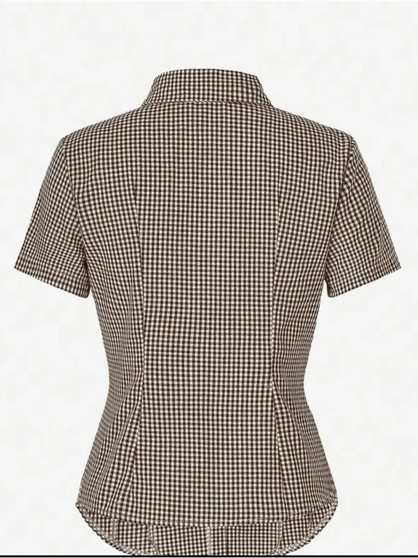 Brown Gingham Short Sleeve Button - Image 3