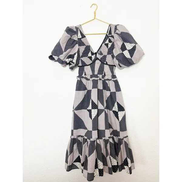 Bohme Brielle Patchwork Midi Dress Size Medium Puff Sleeve Check Plaid Boho - Image 4