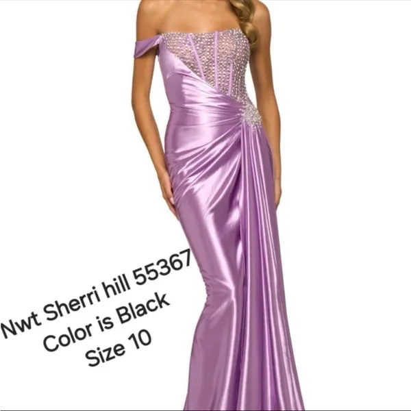 Sherri Hill 55367 BLACK Beaded Off Shoulder Evening Gown SZ 10 Prom Pageant EUC - Image 3