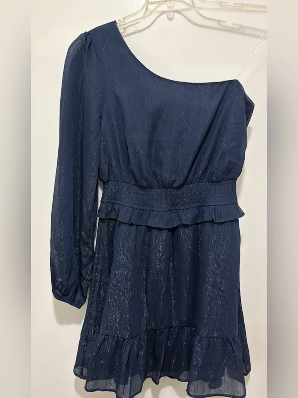Lush Navy One-Shoulder Shimmer Mini‎ Dress Medium NWT - Image 2