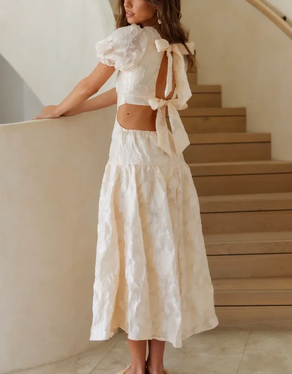 Cream Lace Bow Midi Dress - Image 2