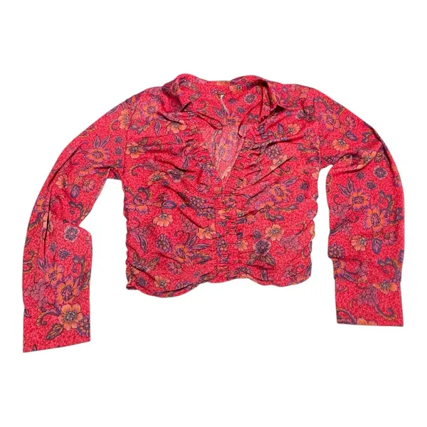 Free People Long Sleeve Floral V-Neck I Got You Printed Top Red Size Medium - Image 12