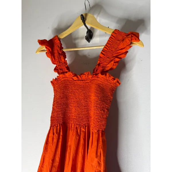 Quince Orange Organic Cotton Smocked Tiered Midi Dress Ruffle Straps Small - Image 3