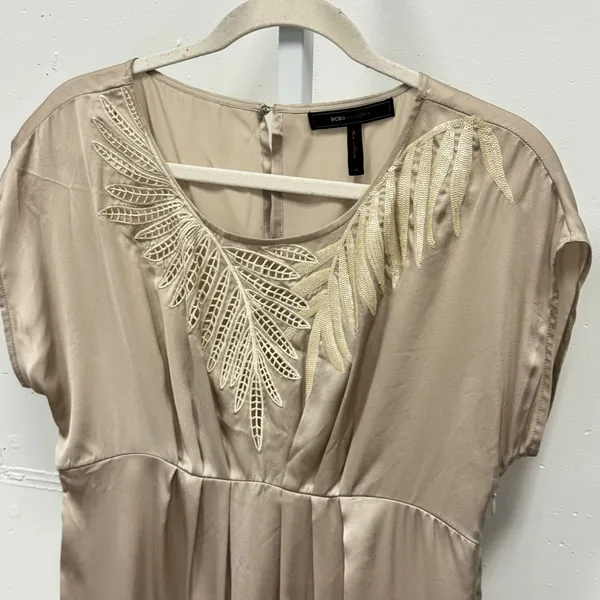 BCBGMAXAZRIA Silk Mini Dress Pebble Beige‎ Sequin Embroidered Champagne Party XS - Image 4