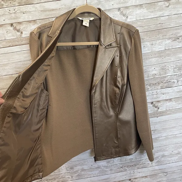 Vintage Peter Nygard Womens L Jacket Bronze Studded Leather & Knit‎ Back Sleeves - Image 2