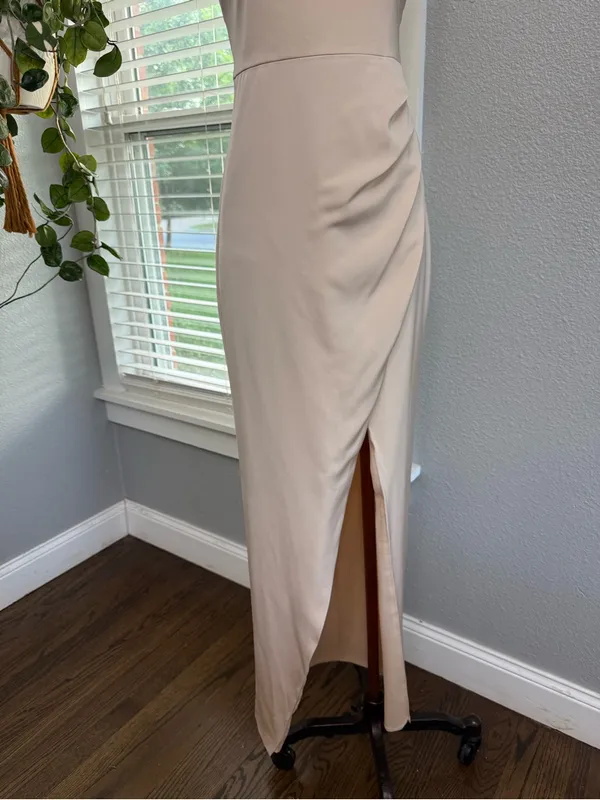 NBD Lucilda Strapless Satin Gown Size Small High Slit in Champagne - Image 4