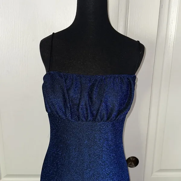 Dark Blue Glitter Ruched Front Long Dress - Image 2