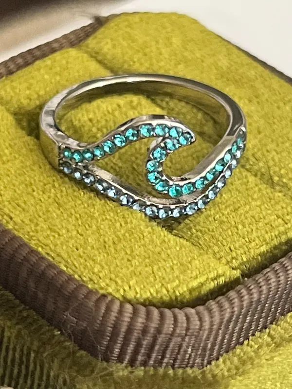 Wave Design Gorgeous Shades of Blue Gemstones Titanium Steel Statement Band S 6 - Image 2
