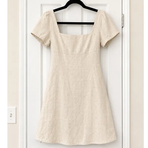 Princess Polly Beige Linen Blend Square Neck Puff Sleeve Mini Shift Dress 0 XS - Image 3