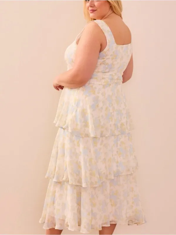 NWT Arula Eliana Tiered Floral Midi Dress Plus Size 1X Ivory Blue Tiered Shimmer - Image 5
