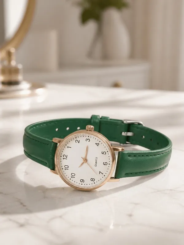Geneva Green Leather Band w/ Gold Trim Quartz Wrist Watch Adjustable Band - Image 2