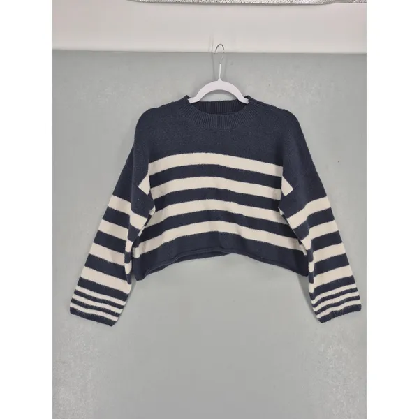 Sincerely Jules Womens Sweater Navy White Striped Cropped Knit M - Image 2
