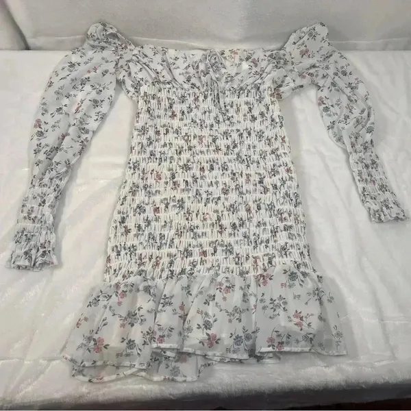 Goodnight Macaroon White Floral Smocked Sheer Sleeve Dress - Image 3