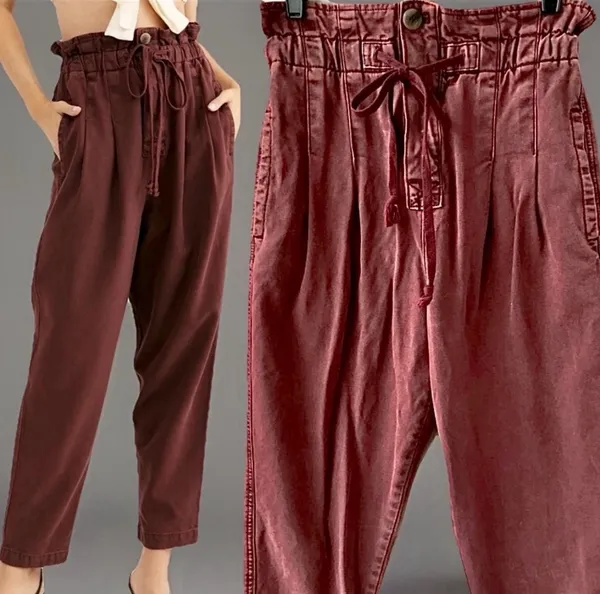 Free People NWOT Margate Pleated Paperbag Waist Burgundy Drawstring Pants, XS - Image 6