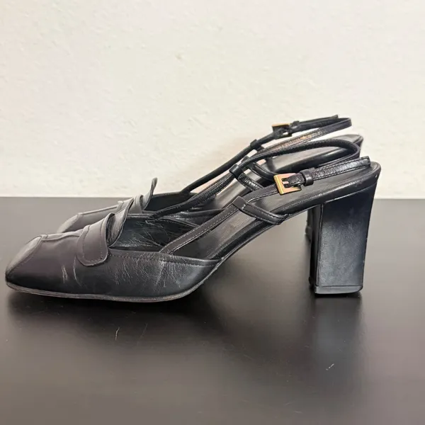 Vintage Prada Black Leather Square Toe Slingback Pump Size 35.5 Gold Buckle y2k - Image 8