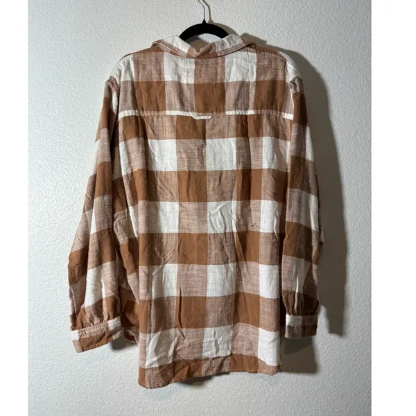 American Eagle NWT Women's Size L Brown White Plaid Oversized Flannel Shirt - Image 3