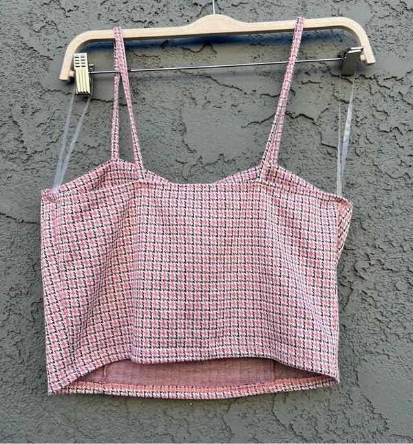 Just Polly Pink Houndstooth Crop Top Size L - Image 2
