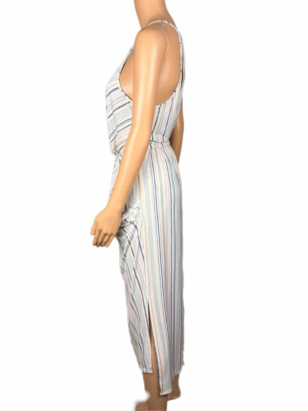 BCBGenetation White & Multi Striped Midi Dress w/Spaghetti Straps Pockets Large - Image 4