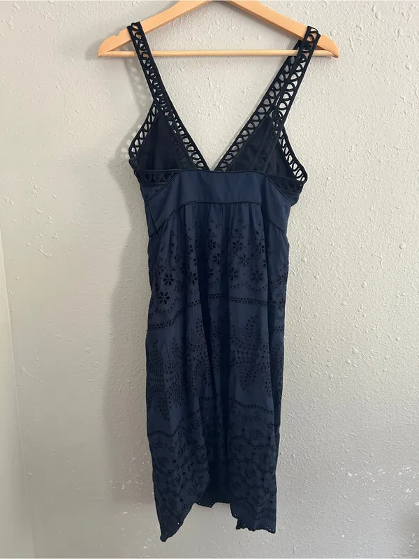Cynthia Steffe Navy Eyelet Midi Dress with Crochet Trim Formal Wedding Guest 2 - Image 8