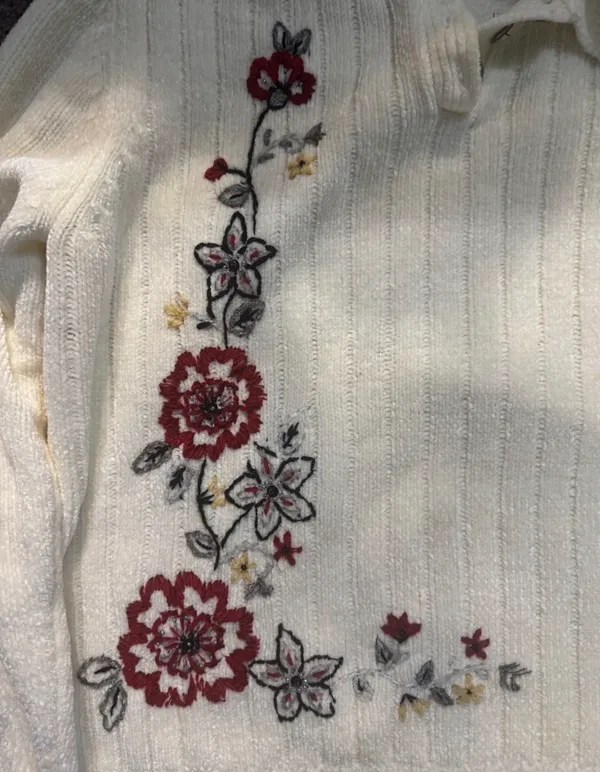 Cream Ribbed Sweater with Red Floral Embroidery - Image 3