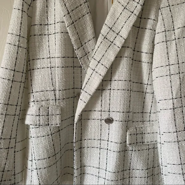 House of Harlow x Revolve White Plaid Tweed Office Siren Classic Blazer NWT M - Image 4