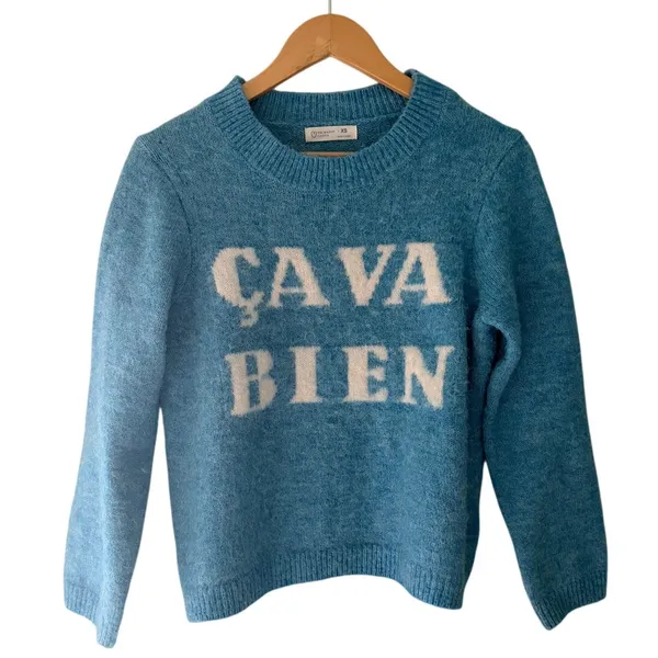 CAVA BIEN Blue Sweater XS Oversized French Graphic Knit Primark Cares - Image 2
