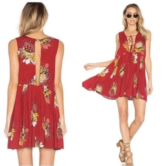 Free People Lovely Day Red Floral Tie Front Tunic Mini Dress S Boho Flowy Boxy - Image 2