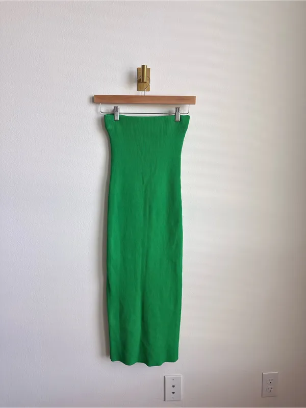 Meshki Green Rib Knit Strapless Tube Maxi Dress Skirt Stretch S - Image 3