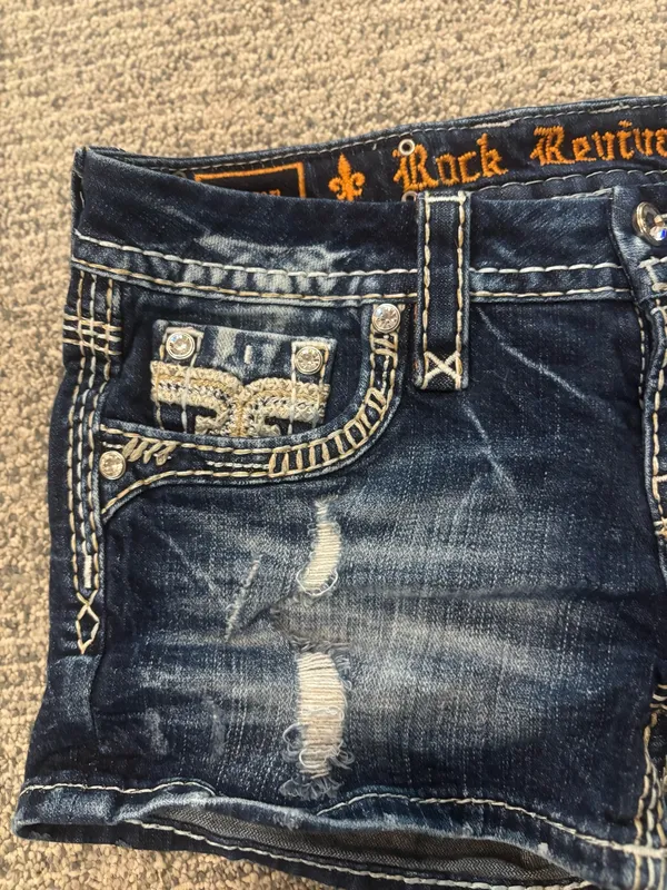 Rock Revival Raven Dark-Wash Bling Shorts - Image 3