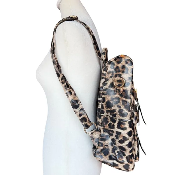 Leopard Print Backpack with Additional‎ Strap Black - Image 4