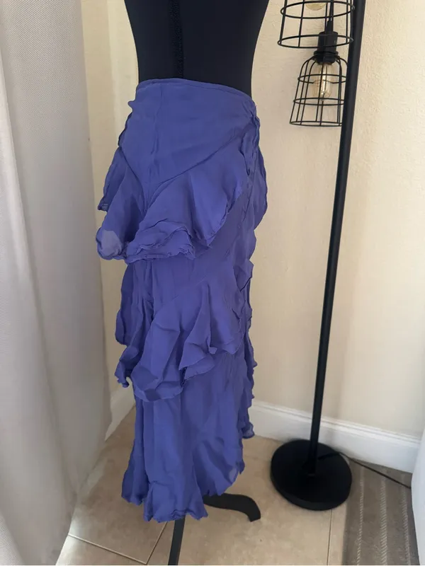 Anthropologie Indigo Ruffle Wrap Maxi Skirt High Slit Boho Romantic Size - Image 4