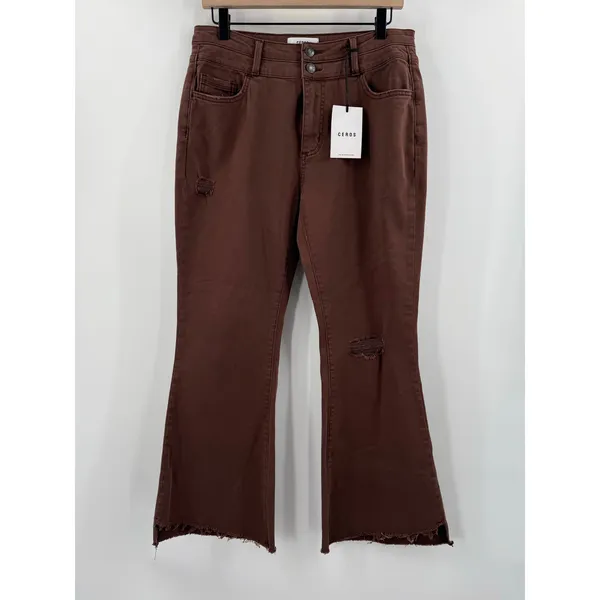 Ceros Jeans Womens SZ 30 NWT Phoenix High Rise Flare Distressed Mocha Denim Crop - Image 16